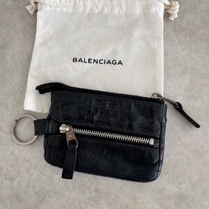 Balenciaga Black Leather Wristlet with Silver Accents